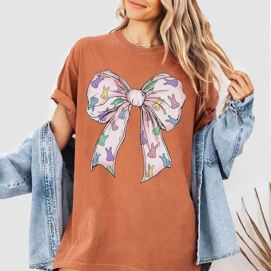 Coquette Bow Easter Shirt, Pastel Bunny Bow Tee, Cute Spring Sweatshirt for Women, Feminine Easter Graphic Shirt