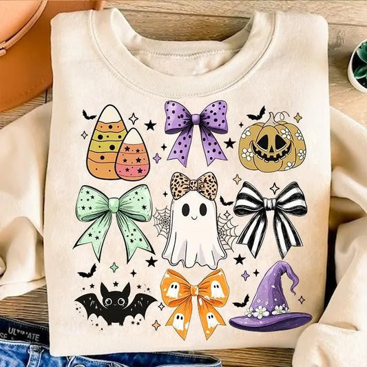 Coquette Bow Halloween Shirt, Halloween Ghost Pumpkin Sweatshirt, Candy corn , Bat, Retro Witch Hat Halloween Fall Unisex Cotton Crewneck