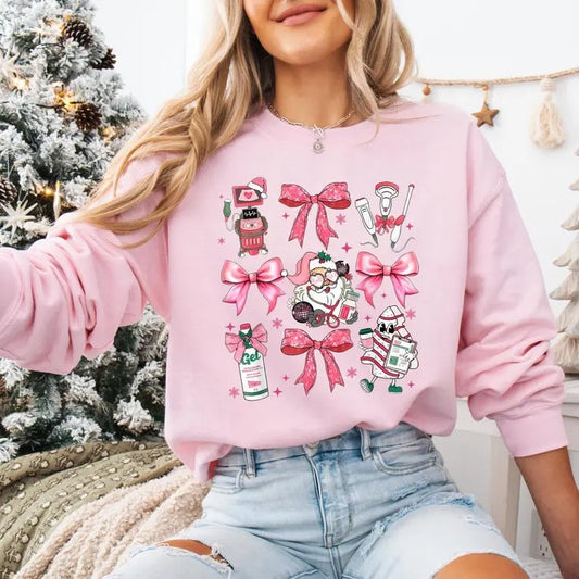 Coquette Bow Nurse Christmas Sweatshirt, Pink Santa Nurse Shirt, ICU ER Rn Nurse Tee, Xmas Nurse Gifts, Unisex Shirt, Gift For Her, Gift For Nurse