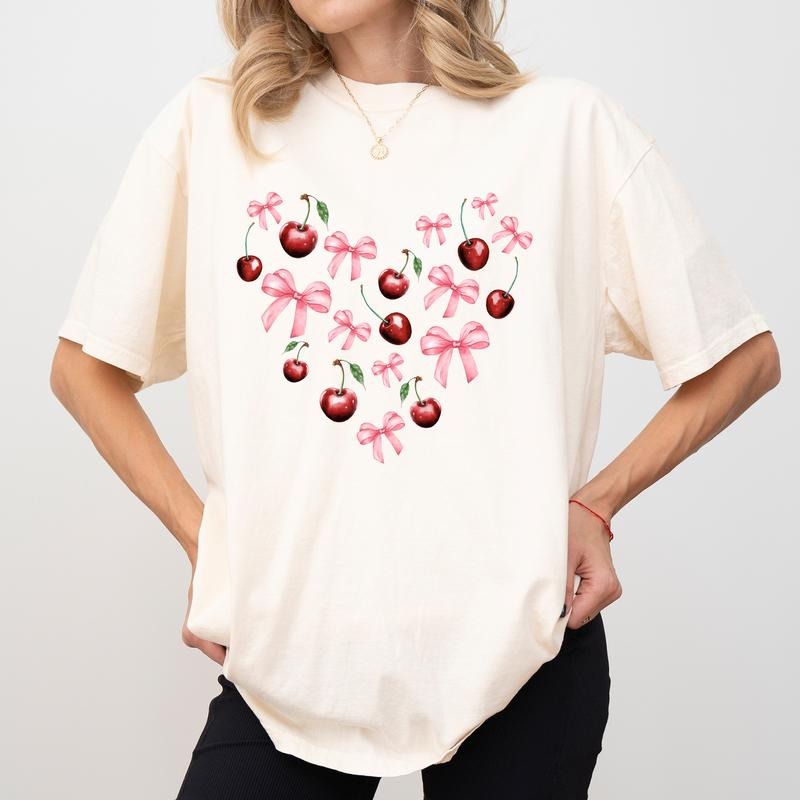 Coquette Bow Shirt Comfort Colors, Cute Cherry Unisex T-Shirt, Cherries Girl Gifts, Girlie Clothing, Fair Season Tee