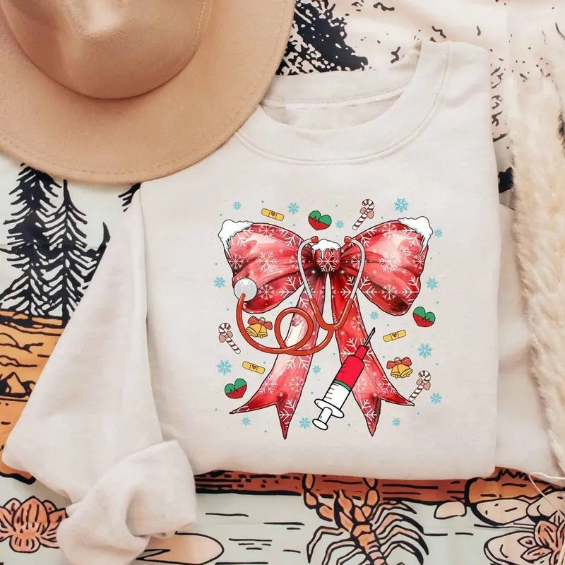 Coquette Bow Stethoscope Nurse Christmas Sweatshirt, Merry Nurse Shirt, Christmas Nurse Shirt, Xmas Gift For Nurse, Unisex Shirt