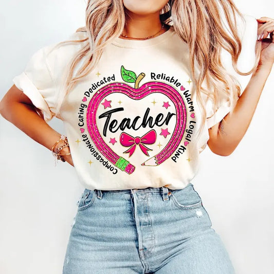 Coquette Bow Teacher Valentine's Day T-Shirt - Retro Glitter Teacher Crewneck - Unisex Cotton Tee - Fabric