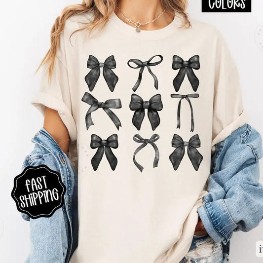Coquette Bows  Shirt, Black Bow Tshirt, Cute Women's Tee, shirt hot tiktok trend