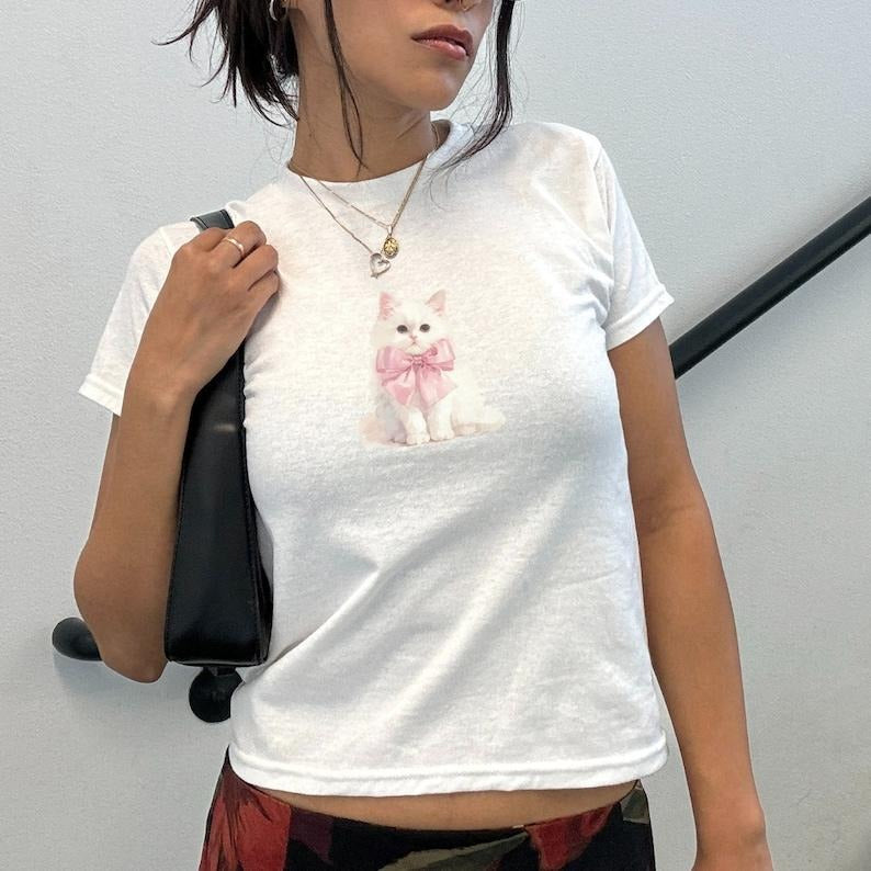 Coquette Cat Ribbon Bow Cat Kitteb Baby Tee Cute Top Aesthetic Y2k Clothing Tshirt Trendy Cat Cute Baby Tee Woman's Top Cat Print Baby Tee