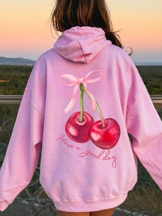 Coquette Cherry Hoodie, Have A Good Day Shirt, Words On Back Coquette Bow Sweatshirt, Trendy Ribbon Hoodie, Cute Coquette Pullover Sweatshirt, Girly Shirt