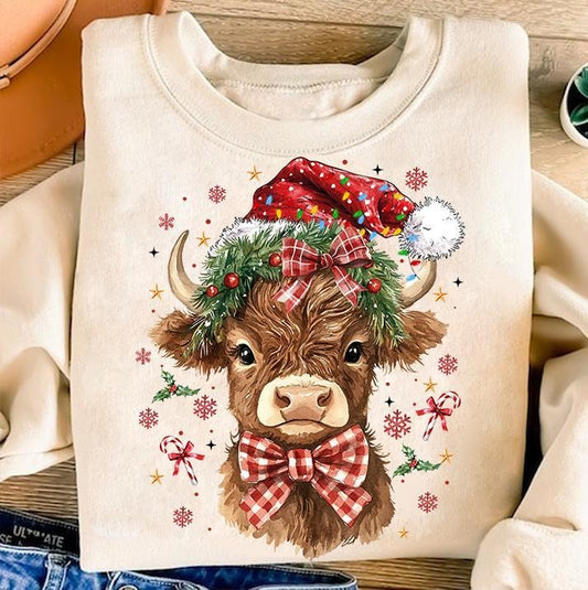 Coquette Christmas Highland Cow Sweatshirt - Western Holiday T-Shirt, Unisex Classic Cotton