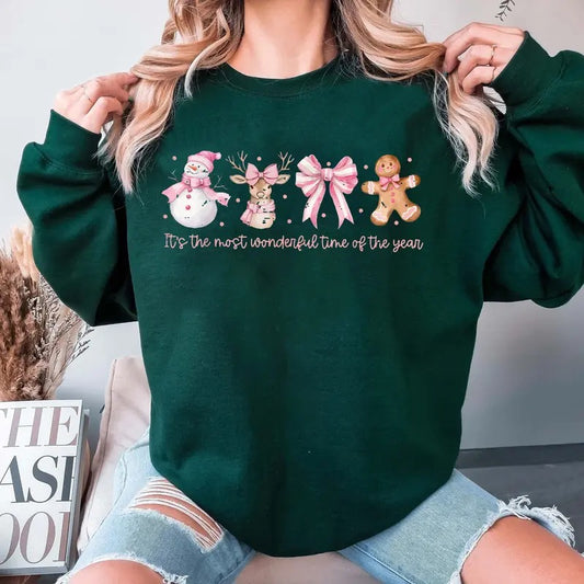 Coquette Christmas Sweatshirt, It's The Most Wonderful Time Of The Year Sweater, Pink Bow, Candy Cane, Reindeer Christmas Shirt, Gingerbread Xmas, Retro Girly Xmas Shirt, Pink Christmas Sweatshirt, Christmas Gift Shirt