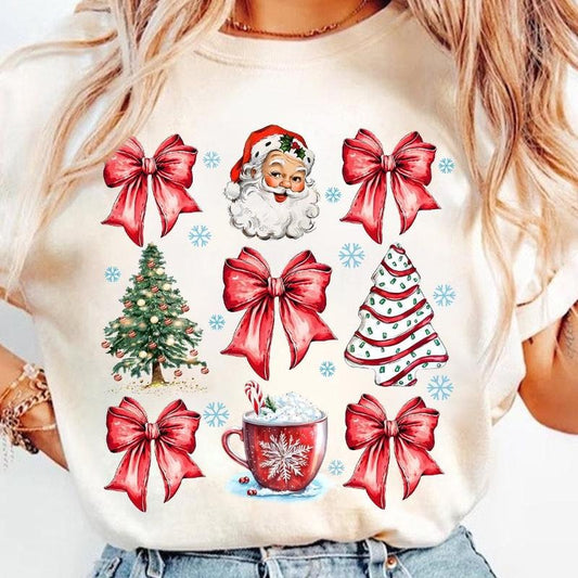 Coquette Christmas T-Shirt, Bow Christmas Tree Sweatshirt, Retro Santa Hot Cocoa Candy Cane Holiday Clothing, Girly Xmas, Unisex