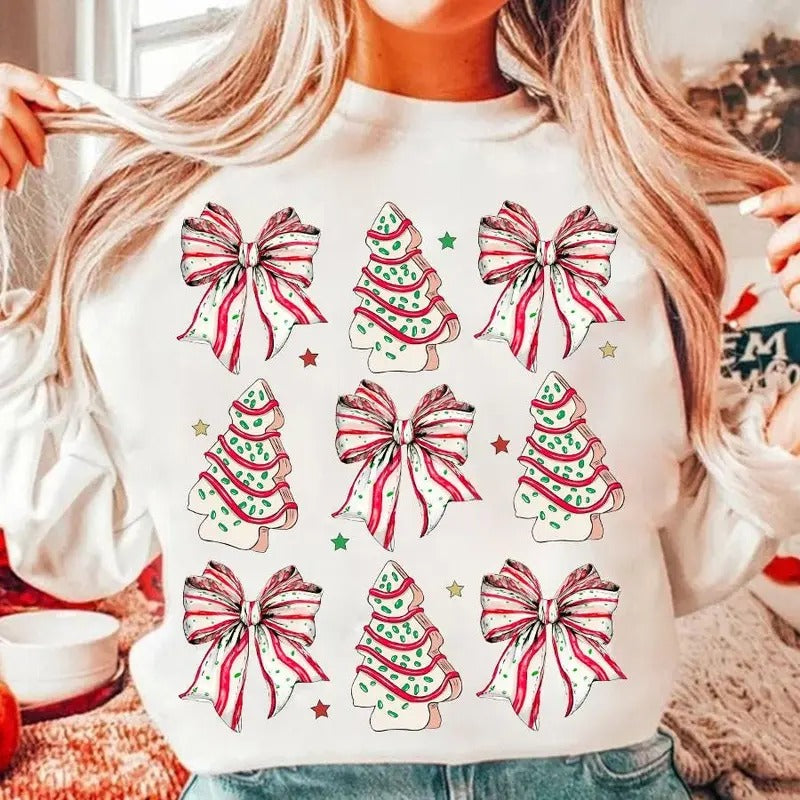 Coquette Christmas Tree Cake Sweatshirt, Christmas Bow T-Shirt, Retro Merry Christmas Tree Holiday Clothing, Girly Xmas, Unisex