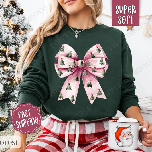 Coquette Christmas Tree Sweatshirt, Christmas Tree Bow Crewneck,  Women's Holiday Sweater