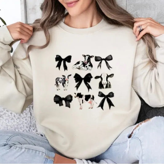 Coquette Cows and Bows Sweatshirt, Women's Farm Aesthetic Tee, Women's Comfort Colors Graphic Tee, Cow Lovers T-Shirt, Unisex Cotton Shirt, Gift For All Comfort Cotton Womenswear Collar