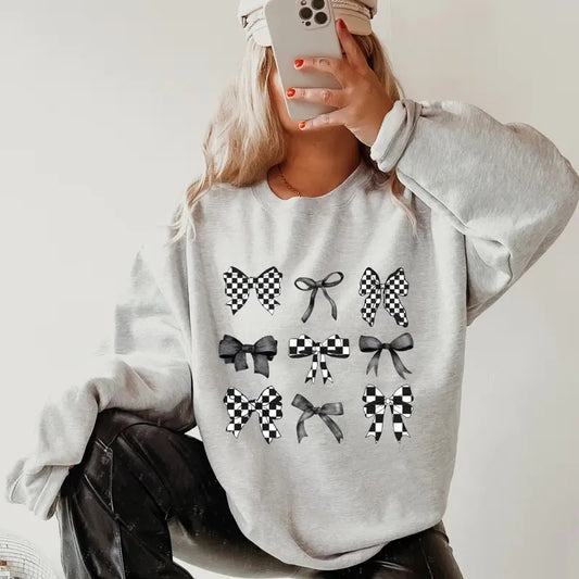 Coquette Doodles Checkered Black Bows Sweatshirt ~ Unisex Apparel Relaxed Fit Printed in the USA Clothing Womenswear Casual and Comfortable