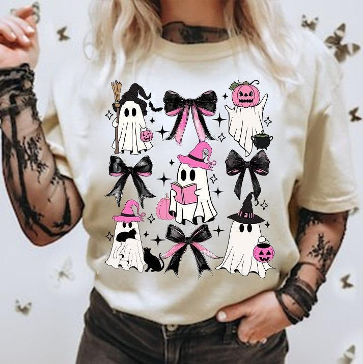 Coquette Halloween Ghost Shirt, Ghost Floral Halloween, Girly Halloween Shirt, Cute Spooky Season, Pink Bow Halloween, Witchy Tee, Unisex T-Shirt, Gifts For Female Her, Short Sleeve Tee Shirt, Cool Gifts For Women, Gifts For Birthday Sweatshirt, Hoodie, C