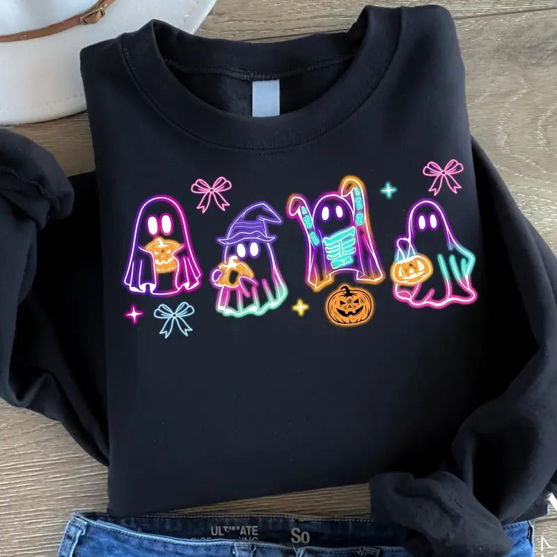 Coquette Halloween Neon Boo Ghost Spooky Season Pumpkin T-shirt Sweatshirt, Unisex Classic T-Shirts in All Sizes All Colors