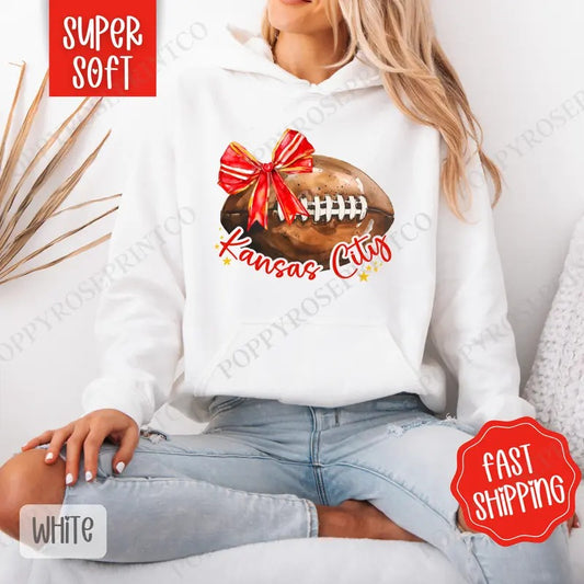 Coquette Kansas City Football Bow Hoodie, Football Women's Crewneck, Trendy Women's Hooded Sweater