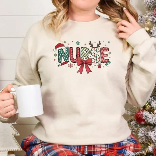 Coquette Nurse Bow Sweatshirt, Christmas Nursing Sweater, Nurse Life Christmas Shirt, Christmas Nurse Gift, Unisex Shirt, Full Size, Full Color