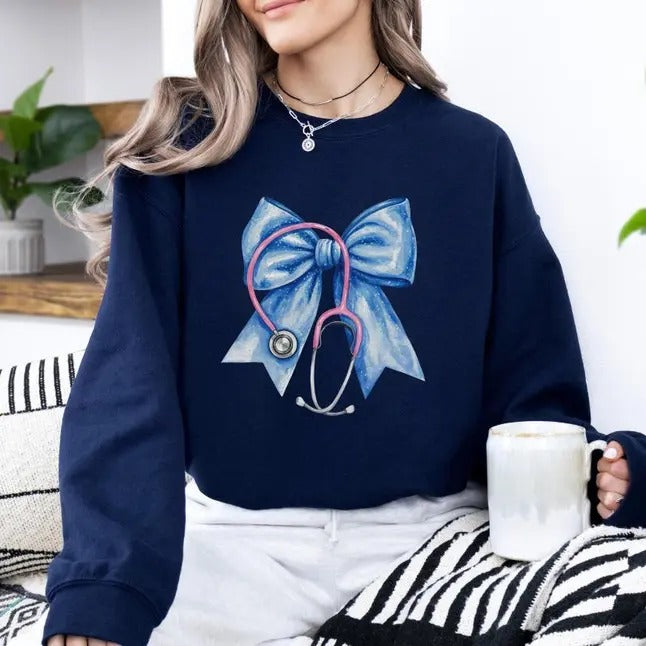 Coquette Nurse Bow Sweatshirt, Nurse Stethoscope Bow Crewneck, Nursing School Sweater, Christmas Nurse Gift, Nurse Ribbon Sweatshirt Gift, Unisex Shirt, Gift For Her