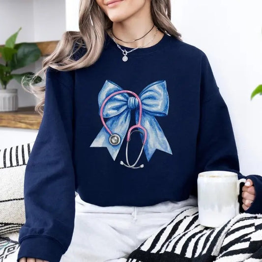 Coquette Nurse Bow Sweatshirt, Nurse Stethoscope Bow Crewneck, Nursing School Sweater, Christmas Nurse Gift, Nurse Ribbon Sweatshirt Gift, Unisex Shirt, Gift For Her