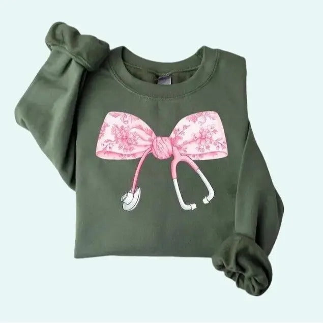 Coquette Nurse Stethoscope Bow Sweatshirt, Nurse Appreciation, Christmas Gift for Nurse, Pink Bow, Xmas Gift For Nurse, Unisex Shirt Tops Crewneck