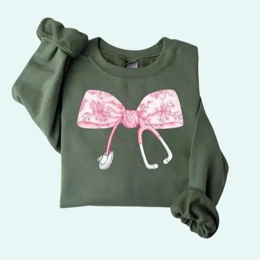 Coquette Nurse Stethoscope Bow Sweatshirt, Nurse Appreciation, Christmas Gift for Nurse, Pink Bow, Xmas Gift For Nurse, Unisex Shirt Tops Crewneck