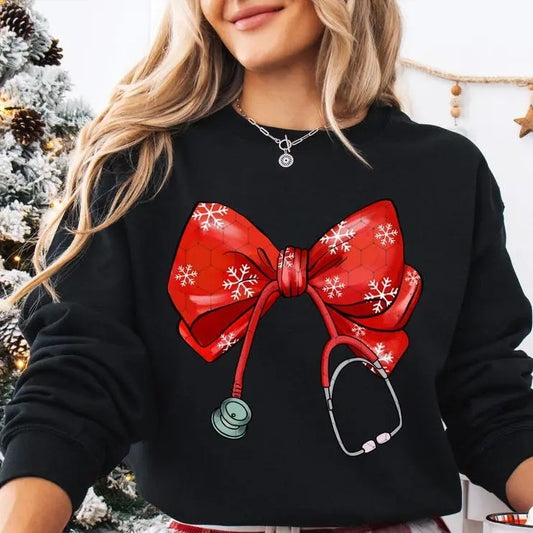 Coquette Nurse Stethoscope Sweatshirt, Coquette Bow Nurse Christmas Shirt, Holiday Medical, Nurse Shirt, Xmas Gift For Nurse, Unisex Shirt, Gift For Her