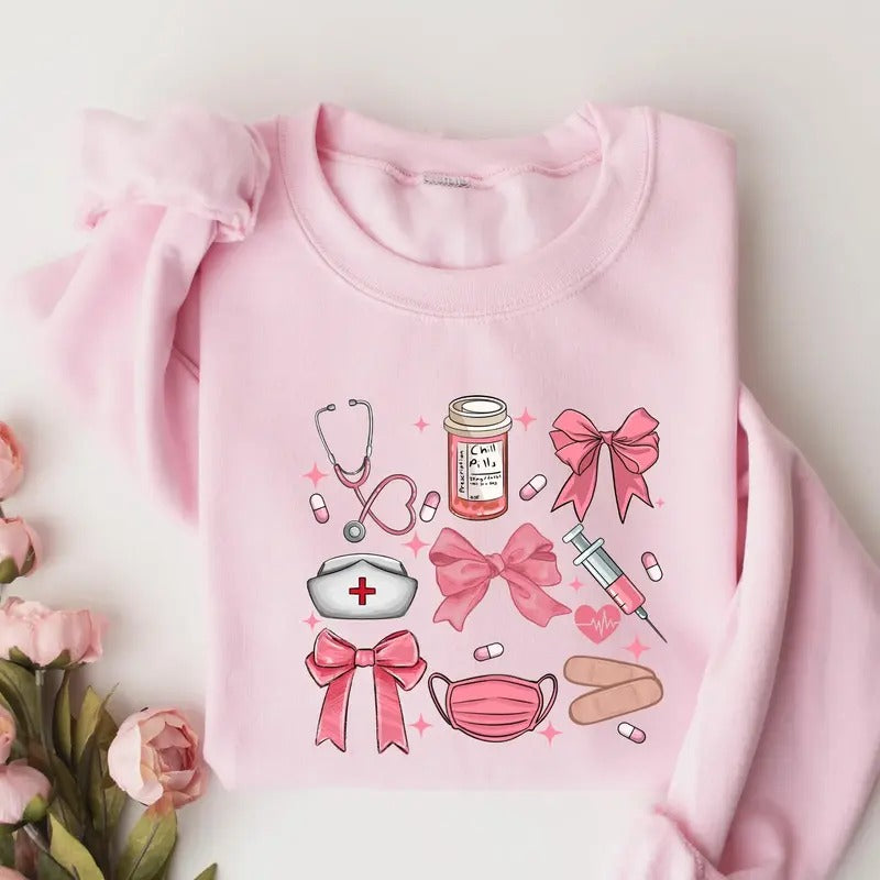Coquette Nurse Sweatshirt, Pink Bow Nurse Sweatshirt, Softcore Nurse Graduation, Girly Nurse Birthday Gift, New Nurse Tee