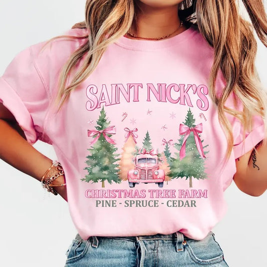 Coquette Pink Christmas Shirt, Saint Nicks Christmas Tree Farm Sweatshirt, Pink Bow Christmas Shirt, Trendy Santa Crewneck, Christmas Cotton Fabric