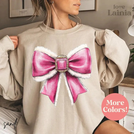 Coquette Pink Christmas Sweatshirt - Unisex Loose Fit Pullover with Bow Design - Fabric