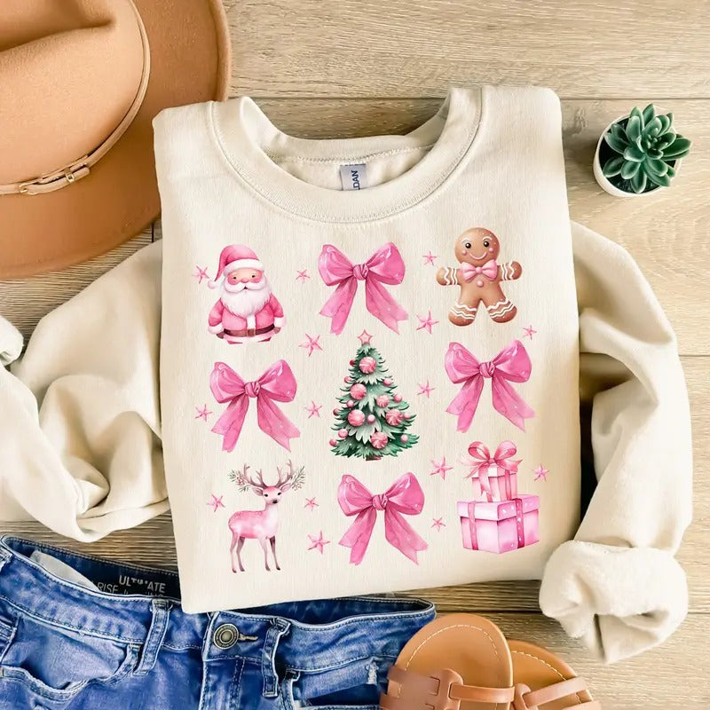 Coquette Pink Christmas Sweatshirt, Pink Bow Christmas Tree T-Shirt, Trendy Santa Vintage Holiday Clothing, Unisex christmas sweatshirt Cotton Crewneck