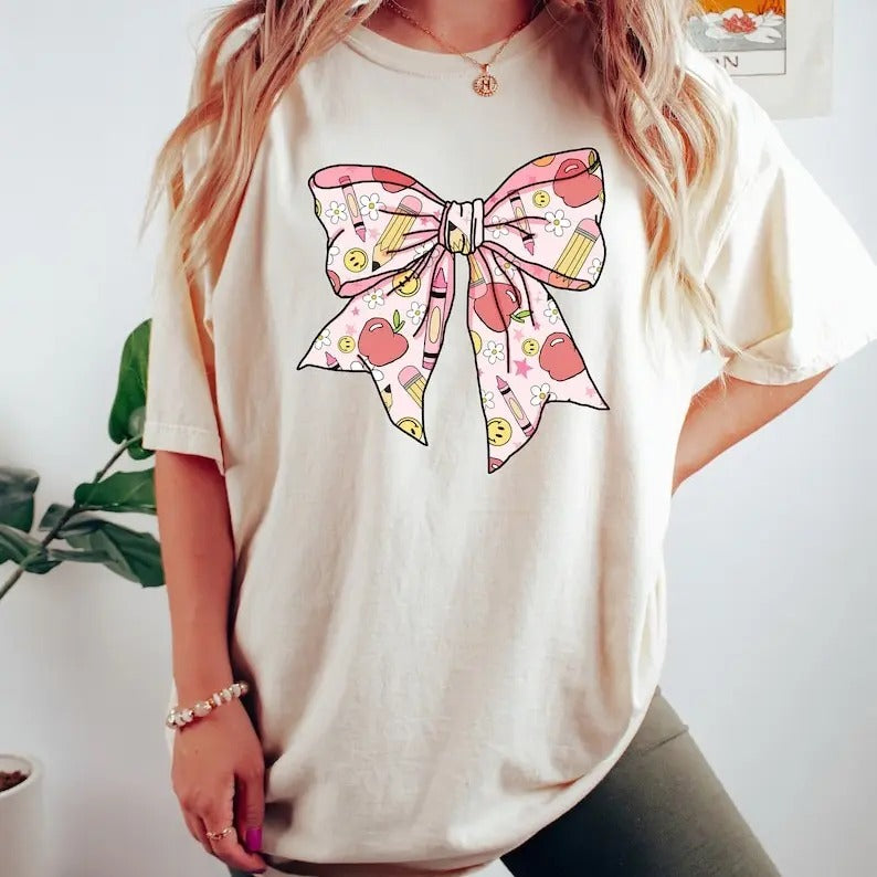 Coquette School Shirt, Back To School Shirts, Teacher Coquette Pink Bow T-Shirt, Cute Teacher Gift, First Day of School Tee, Gift for Her, Unisex Cotton Shirt For Men And Women