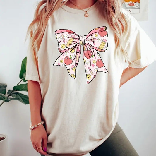 Coquette School Shirt, Back To School Shirts, Teacher Coquette Pink Bow T-Shirt, Cute Teacher Gift, First Day of School Tee, Gift for Her, Unisex Cotton Shirt For Men And Women