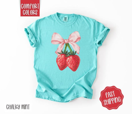 Coquette Strawberry Shirt Comfort Colors,  Cute Berry Bow Tshirt, Trendy Women's Tee, Gift for Her