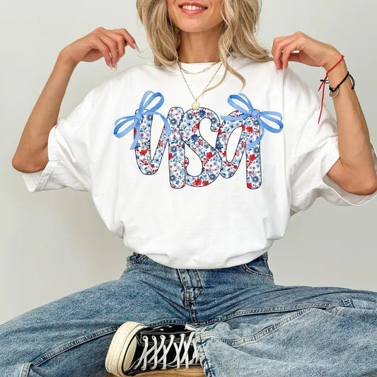 Coquette USA Shirt, 4th of July Shirt Women, Stars Stripes USA Flag Shirts, Floral Patriotic Shirt, Red White Blue Sweatshirt