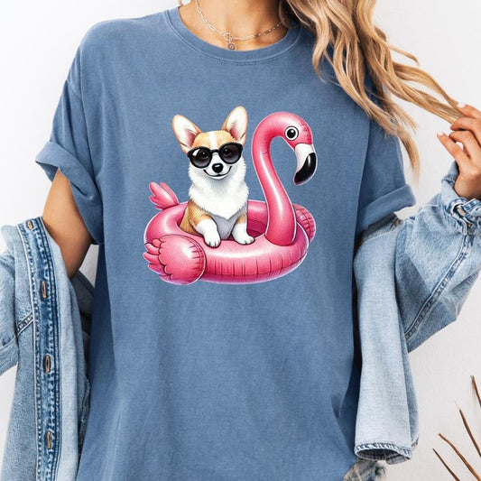 Corgi Flamingo Float Dog Shirt ~ Unisex Apparel Relaxed Fit Printed In The USA Clothing Womenswear Casual Comfort Cotton Top Athletic Boho Chic