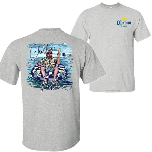 Corona Extra Beer Trump Chillin Like a Felon Summer 2024 T-shirt Sweatshirt Hoodie, Trump 2024 Shirt, Corona Extra Beer Shirt, Double Sided Graphic Printed Unisex Classic Comfort Cotton T-Shirts in all Sizes all Colors for Men and for Women