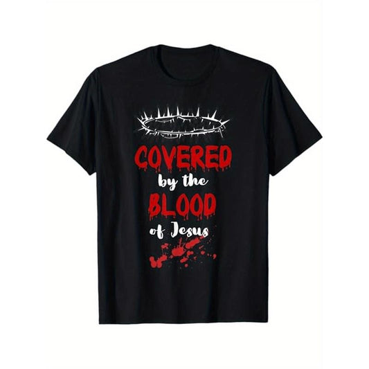 Covered by the Blood of Jesus Christian Halloween Funny T-Shirt, 100% Cotton, Halloween Thanksgiving Christmas Gift for Men Women Dad Mom Friends Made in USA