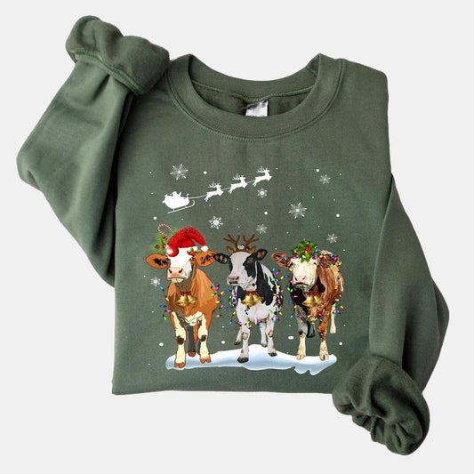 Cow Christmas Lights Ugly Christmas Sweater, Funny Heifers Christmas Shirt, Unisex T-shirt, 100% Cotton - Fabric