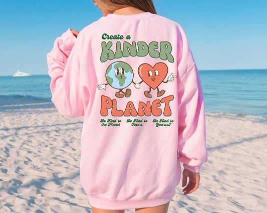 Create a Kinder Planet Hoodie - Oversized Casual T-Shirt with Heart Design and "Be Kind to the Planet" Text, Trendy Y2K Style for Women