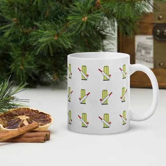 Cricket Bat Glossy Ceramic Sports Themed Mug - Coffee Mug with Repeated Pattern - 11oz 15oz