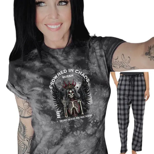 "Crowned in Chaos Queen, They Made me Bleed, So Know I Make them Beg TShirt & Long Pajama Pants - Unisex Cotton Sleepwear, Loungewear