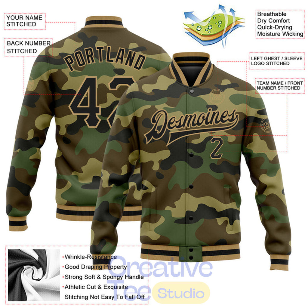 Custom Camo Black-Old Gold Bomber Full-Snap Varsity Letterman Salute To Service Jacket