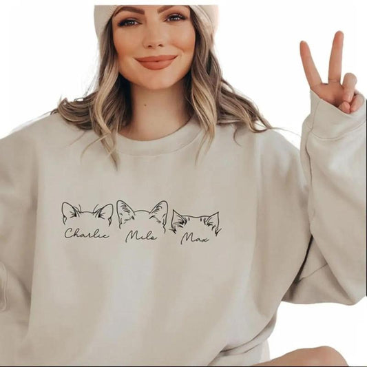 Custom Cat Sweatshirt, Cat Mom Sweatshirt, Cat Ears Sweatshirt, Cat Mom Personalized Gift, Cat Mom Gift, Custom Cat Mama Sweatshirt Womenswear Hoodie Sweaters Crewneck
