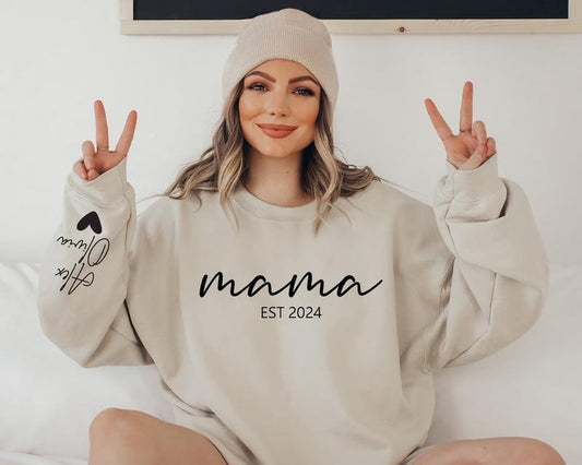 Custom Mama Sweatshirt with Name on Sleeve, Personalized Mom Sweatshirt, Mama Est 2024 Sweatshirt, Minimalist Momma Sweater, Mothers Day Shirt for Mom