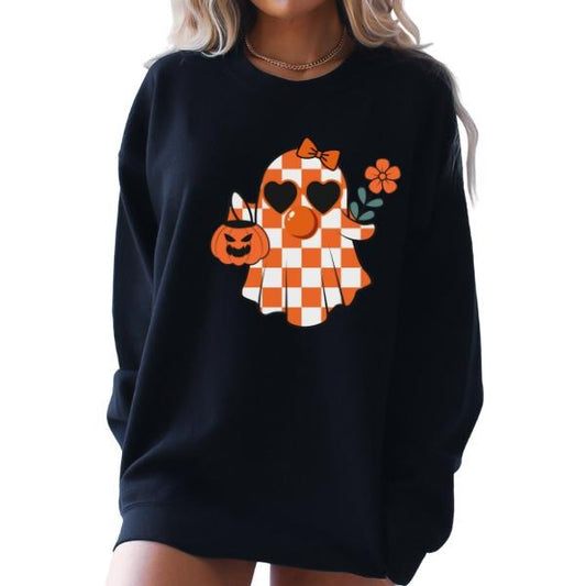 Cute Checkered Orange Ghost Bubblegum Unisex Sweatshirt - Long Sleeve Crewneck, Colorful & Cutesy Vibe, Unisex Sizes S-5XL, Halloween-Inspired Cozy Apparel