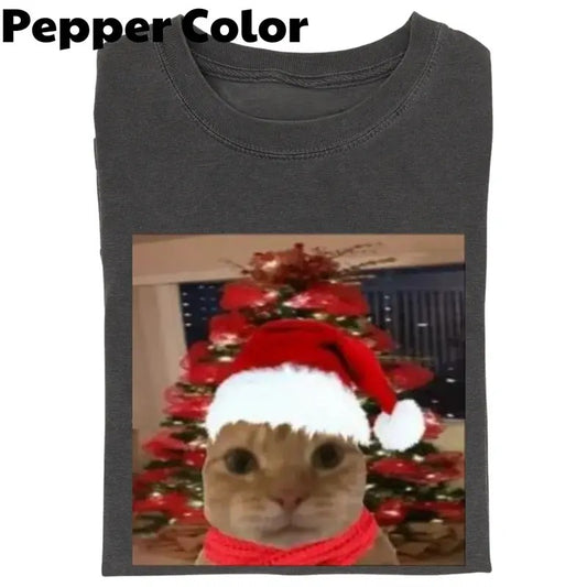 Cute Christmas Cat meme T-shirt, Vintage Funny Cat Expression Graphic Tee, Cat Lovers, Cute Kitty Meme Unisex Retro Top,Fun Pet Humor Gifts Menswear Underwearstyle{n002}2