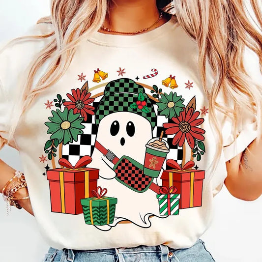 Cute Christmas Ghost Shirt, Spooky Xmas Holiday Shirt, Unisex Loose Fit Tee, 50% Cotton 50% Polyester Fabric holiday shirt