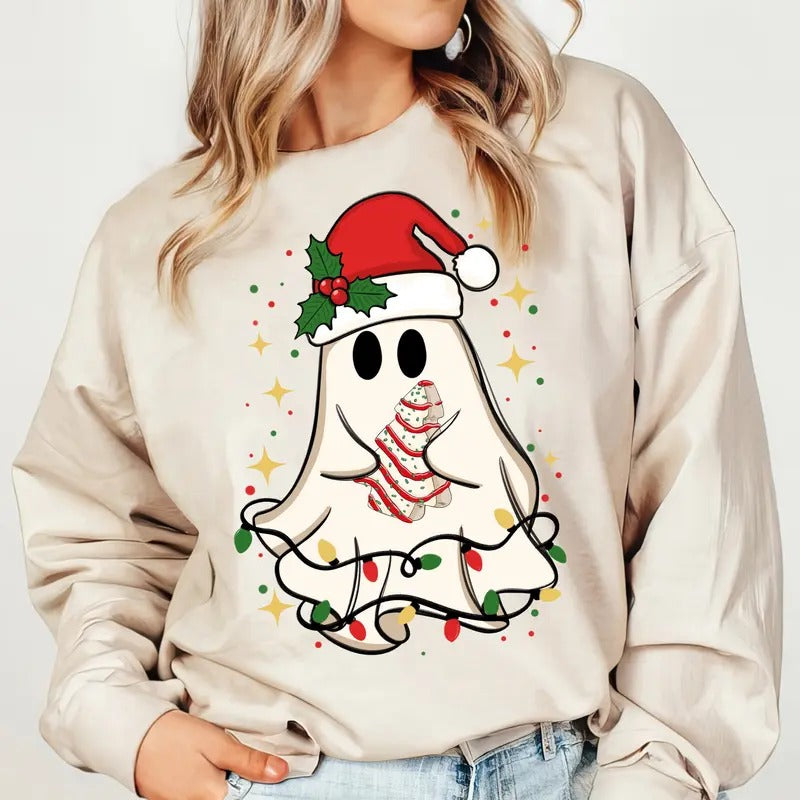 Cute Christmas Ghost Tree Cake Shirt, Merry Christmas Sweatshirt, Happy New Year T-Shirt, Christmas Holiday Clothing Unisex Cotton Crewneck