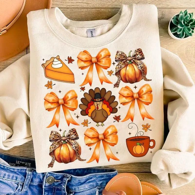 Cute Coquette Bows Turkey Pumpkin Pie T-Shirt, Thanksgiving Pumpkinball Turkey Sweatshirt, Pumpkin Spice Fall Holiday Clothing, Unisex
