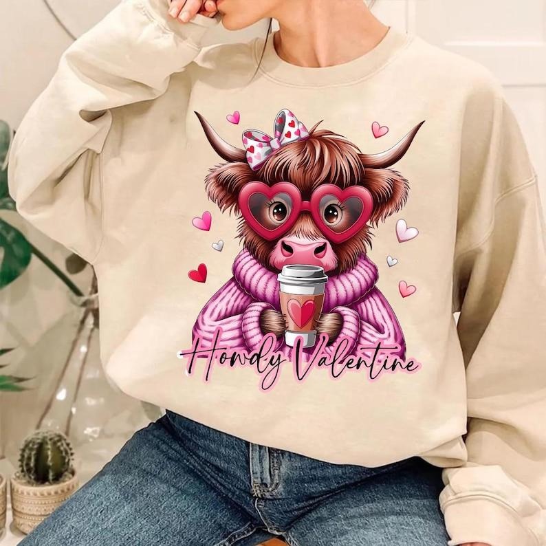 Cute Coquette Heart Sweatshirt | Retro Valentine Highland Cow | Crafts Love Crewneck