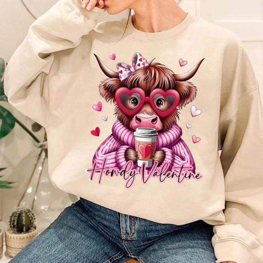 Cute Coquette Heart Sweatshirt | Retro Valentine Highland Cow | Crafts Love Crewneck